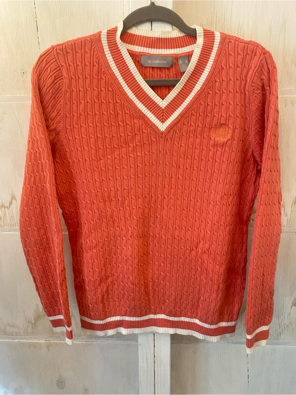 Liz Claiborne Coral V-Neck Cable Knit Sweater with White Trim Womens XL